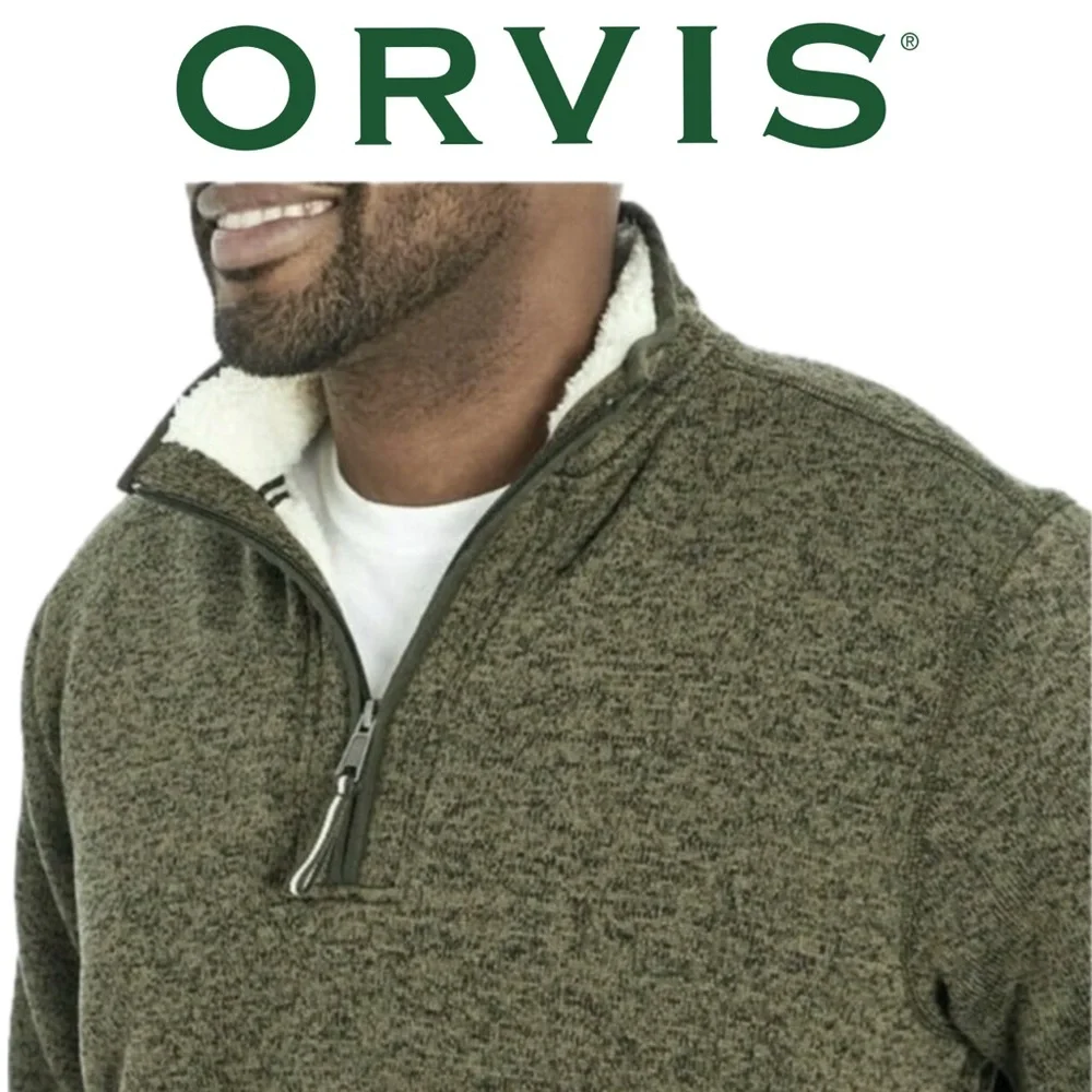 EUC Orvis Brighton Sherpa 1/4 Zip Marled Jacquard Green Knit Pullover Sweater L
